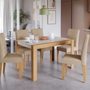 Juego de Comedor SALA DE JANTAR GRACE 1,30 COM 6 CADEIRA MAIA NATURE OFFWHITE GENGIBRE